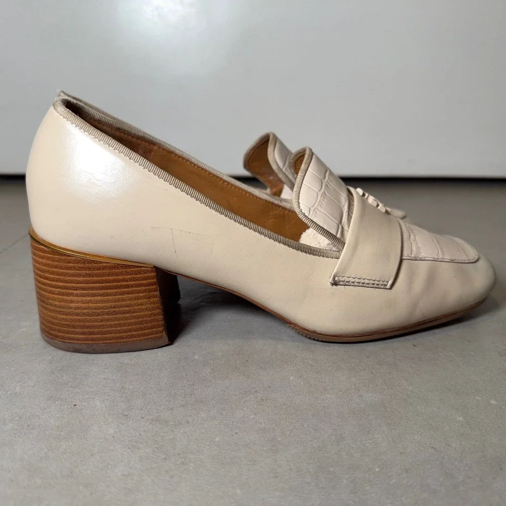 Tory Burch Everly Loafers 8M Cream Leather Block Heel Croc Double T Professional